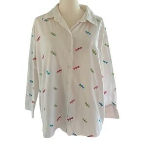 Vintage Casey Coleman Embroidered Dragonfly Button Down Shirt White 1X Cotton